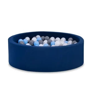 Mörkblå bollhav BASIC, 90×30 med bollar (baby blå, grå, pearl,vit)