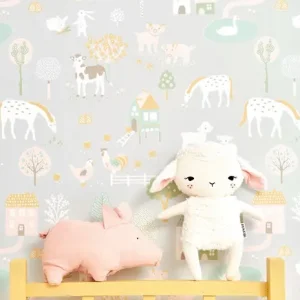 Majvillan, tapet till barnrummet My farm, soft grey